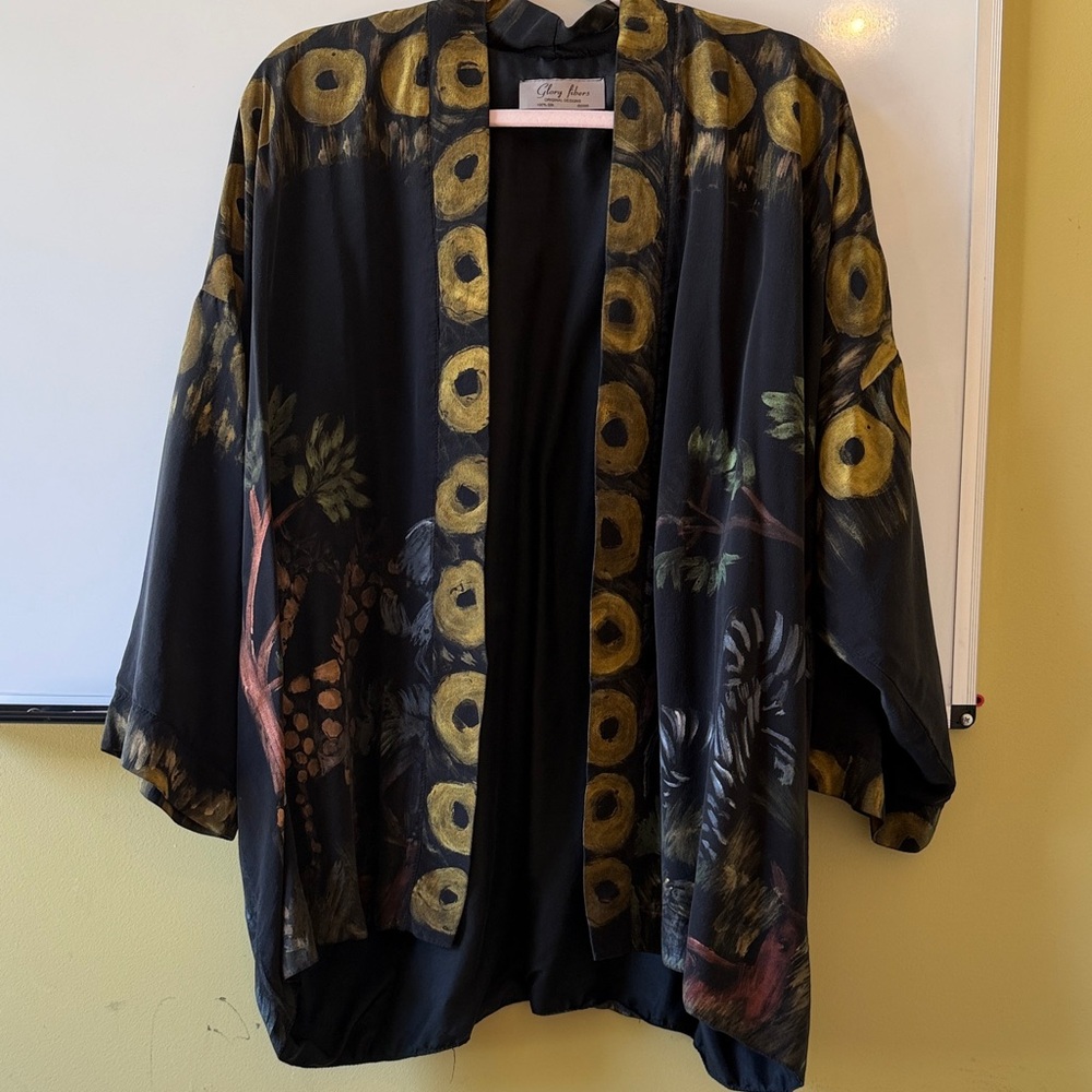 Wearable Art hand-painted Black Open-Front Kimono Jacket with Gold Animal safari